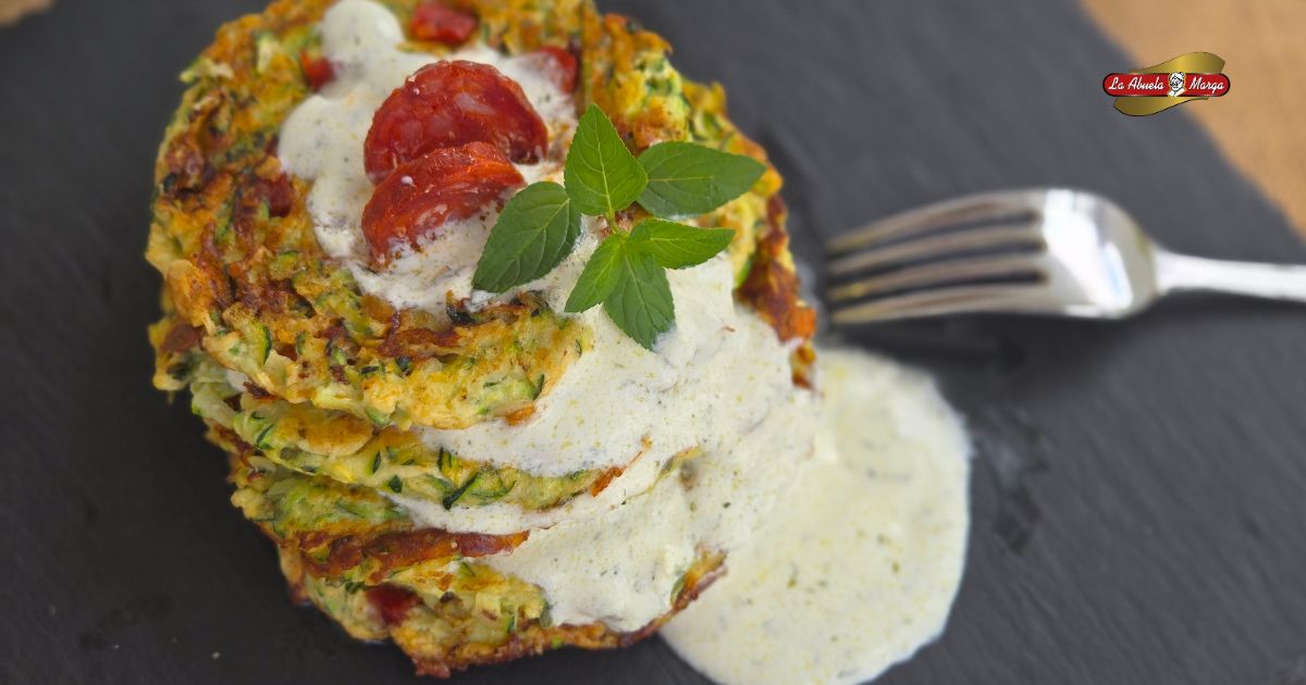 Tortitas de calabacín y chorizo con salsa de yogur.
